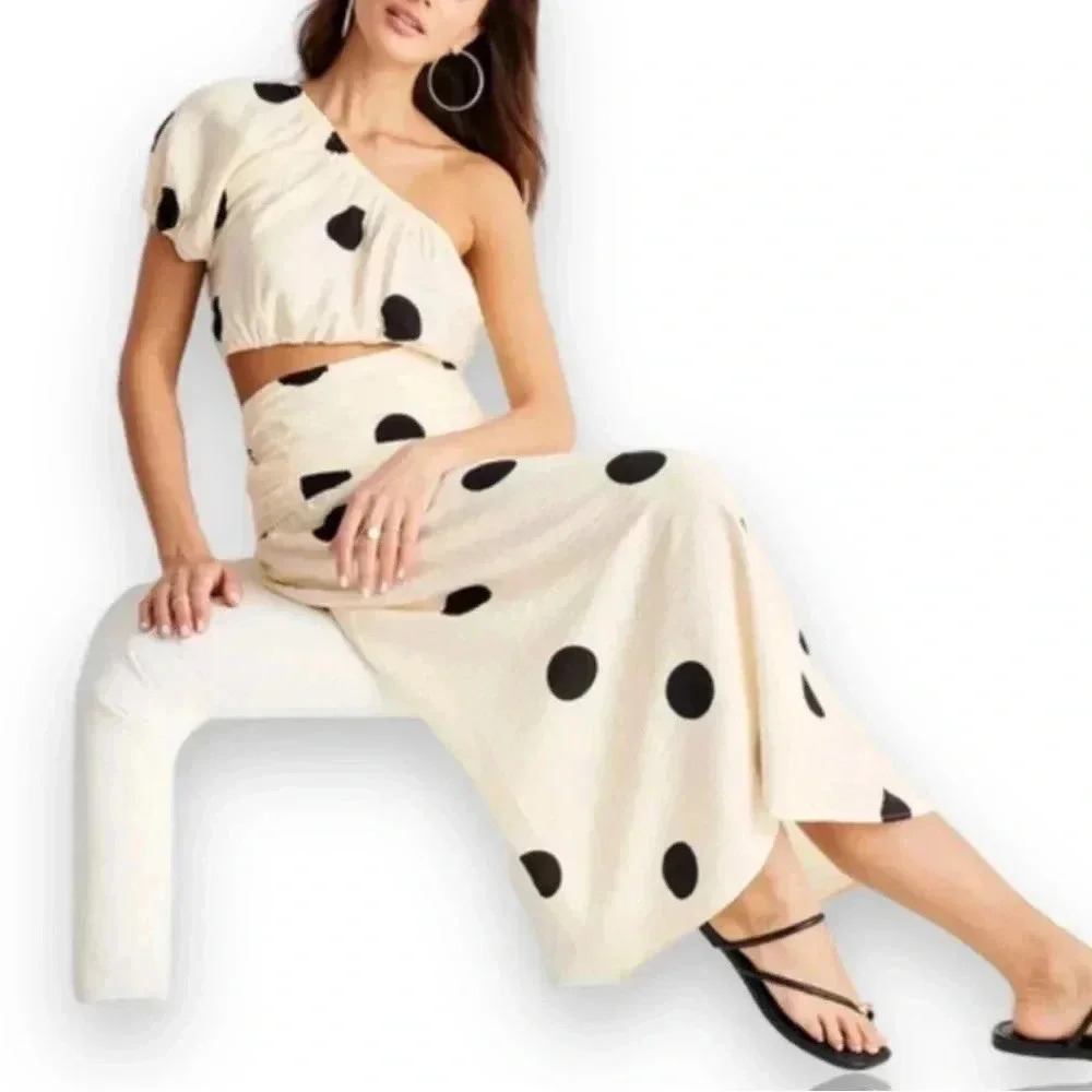 Size 4 Future Collective Jenny K Lopez Polka Dot One Shoulder Cut-Out Midi Dress